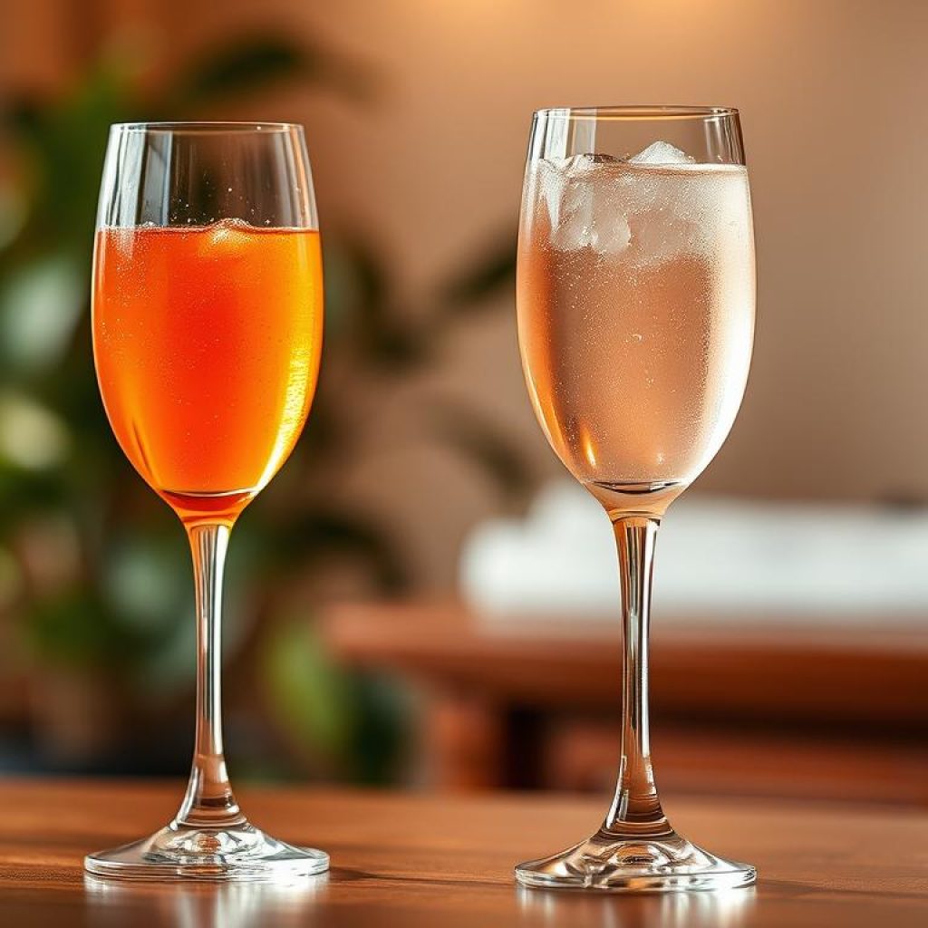 A beautifully lit tabletop scene featuring two glasses of sparkling aperol spritz and bubbly spritz cocktails. The drinks are set against a soft, blurred background with a hint of greenery and warm, gentle lighting. The glasses are elegantly positioned, capturing the vibrant orange and pale pink hues of the beverages. The overall mood is one of relaxation and effortless elegance, inviting the viewer to imagine enjoying these refreshing spritz variations on a balmy evening.
