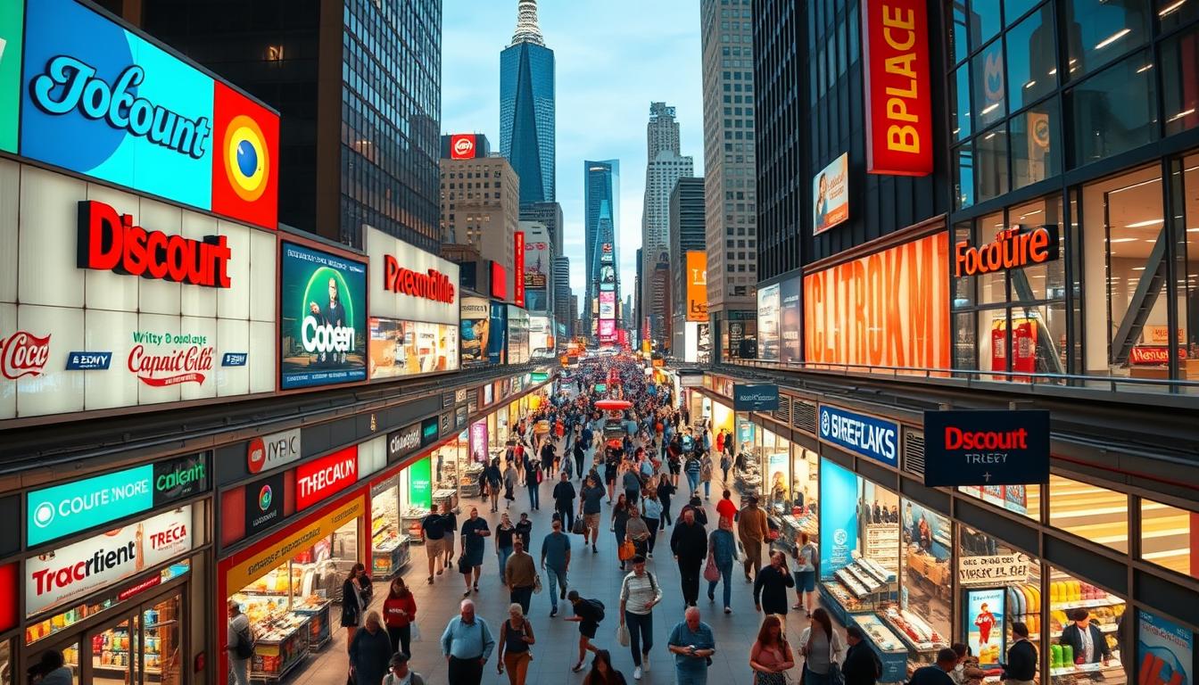 A bustling retail landscape showcasing the top discount stores in the U.S., captured in a vibrant, eye-catching composition. In the foreground, an array of discount store logos and signage stand out against a backdrop of modern, well-lit retail facades. The middle ground features a diverse array of shoppers navigating the aisles, conveying a sense of excitement and value-driven purpose. The background is filled with a cityscape of towering skyscrapers and bustling streets, creating a dynamic and urban atmosphere. The lighting is warm and inviting, highlighting the energy and convenience of these top discount retail destinations. Captured with a wide-angle lens to encompass the full scope of this thriving budget-friendly shopping experience. Budget-Friendly Stores
