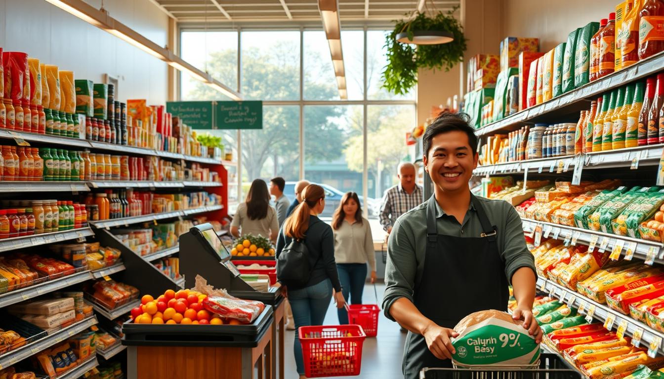 A bustling, well-stocked grocery store with a warm, inviting atmosphere. The aisles are clean and organized, filled with an array of affordable, high-quality products. Bright, natural lighting floods the space, casting a soft glow on the vibrant produce displays and neatly arranged shelves. In the foreground, a friendly, approachable cashier smiles as they assist a customer. The middle ground features customers calmly browsing the aisles, their baskets filled with essential items. In the background, a large window overlooks a serene, tree-lined street, conveying a sense of community and accessibility. The overall scene exudes a sense of value, practicality, and ease, capturing the essence of a budget-friendly grocery store experience. Budget-Friendly Stores