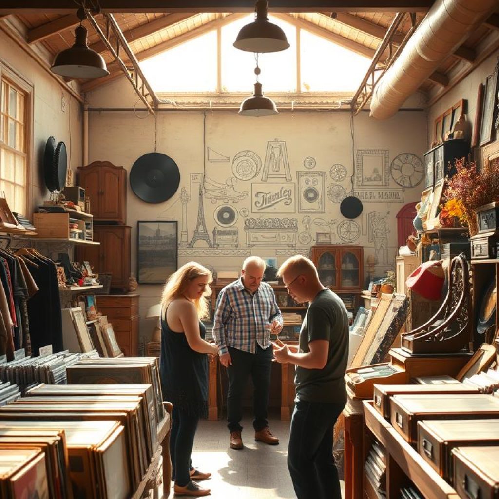 A cozy, well-lit thrift store interior, with sunlight streaming through dusty windows. Rows of vintage clothing, antique furniture, and intriguing knick-knacks beckon to be discovered. Wooden shelves and mismatched display racks create a charming, eclectic ambiance. In the foreground, a couple of customers browse through a selection of retro records, while a shop owner assists another in the middle ground. In the background, a mural of iconic vintage items adorns the far wall, adding to the nostalgic atmosphere. The scene conveys a sense of serendipitous discovery, where hidden gems await the discerning shopper.