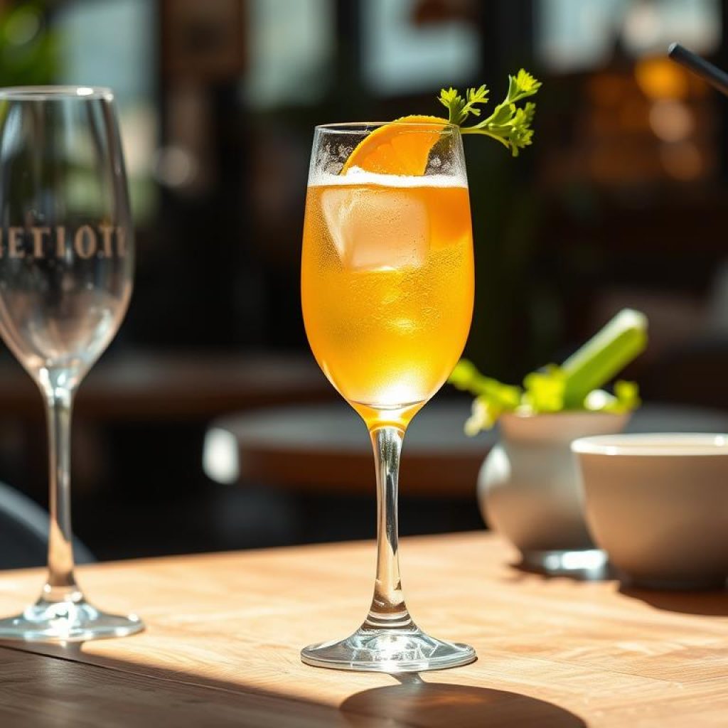 A crisp, sunlit morning sets the stage for a brunch tableau. In the foreground, three classic cocktails stand poised - a flute of effervescent Bellini, a Mimosa brimming with orange juice and champagne, and a Bloody Mary with its signature celery garnish. The mid-ground features a rustic wood surface, lending a warm, textural element. Soft, diffused lighting casts a gentle glow, creating a sense of leisurely indulgence. The background hints at a cozy cafe setting, with hints of lush greenery and natural light filtering in. The overall mood evokes the leisurely, convivial spirit of a perfect brunch gathering.