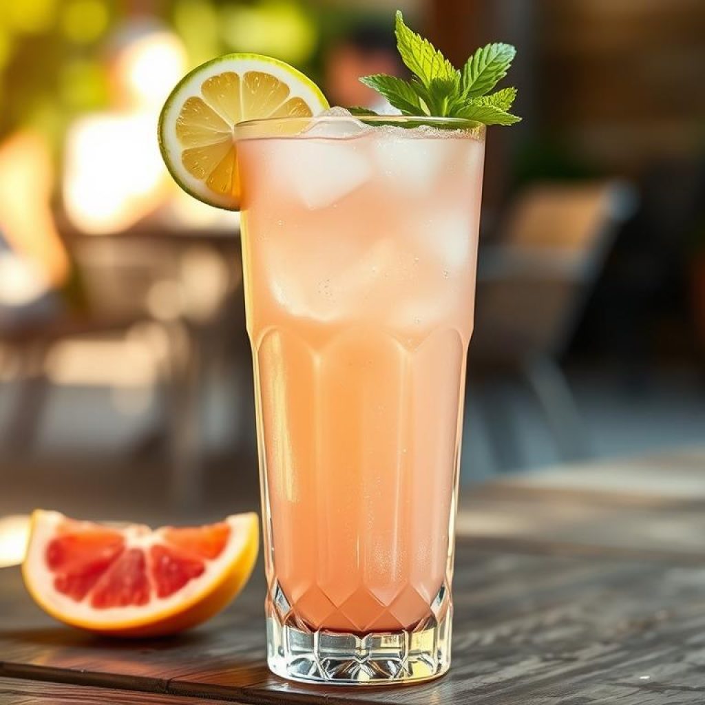 A crystal highball glass filled to the brim with a refreshing pale pink cocktail, garnished with a fresh lime wedge and a sprig of mint, set against a blurred background of rustic wooden planks and a sun-dappled patio. The drink is a Paloma, a classic Mexican tequila-based highball made with a premium low-sugar Ranch Water tequila, freshly squeezed grapefruit juice, a splash of soda water, and a touch of agave for sweetness. The lighting is warm and inviting, casting a gentle glow on the glass and the vibrant garnishes. The overall scene evokes a laid-back, summertime ambiance perfect for sipping and savoring this refreshing low-calorie tequila cocktail.