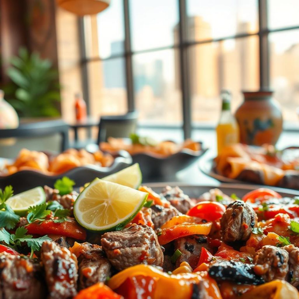 A lively scene of savory Tex-Mex delights, captured in a warm, vibrant photo. In the foreground, a platter overflows with sizzling fajitas, tender steak, and grilled vegetables, garnished with fresh lime wedges and sprigs of cilantro. The middle ground showcases hearty enchiladas, blanketed in melted cheese and rich, chili-infused sauce. In the background, a table setting evokes the convivial atmosphere of a cozy Houston eatery, with colorful ceramics, hand-crafted pottery, and a glimpse of the city's skyline through a large window. Soft, golden lighting casts a welcoming glow, capturing the mouthwatering essence of Tex-Mex cuisine in all its glory.