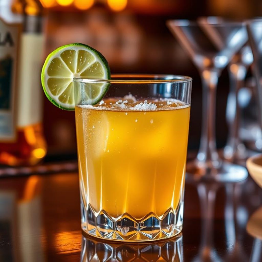 A pristine crystal lowball glass filled with a vibrant, golden-hued margarita, garnished with a fresh lime wedge. The drink's surface is adorned with a delicate layer of fine sea salt, reflecting the warm, ambient lighting. In the background, a classic bartop scene with polished glassware, a bottle of premium tequila, and a sprig of fresh mint, evoking the tranquil ambiance of a well-appointed cocktail lounge. Meticulously crafted with care, this classic margarita exemplifies the perfect balance of tart citrus, smooth tequila, and just the right touch of sweetness from the simple syrup.