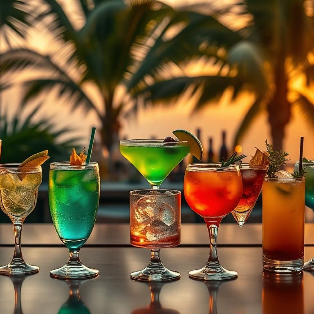 A stylish arrangement of vibrant cocktail glasses filled with refreshing adult beverages, set against a backdrop of lush tropical foliage and a warm golden sunset. The foreground features an assortment of expertly crafted cocktails, each with its own distinct color, garnish, and intricate glassware. The middle ground showcases an elegant bar setup with bottles, shakers, and tools, creating an inviting atmosphere. In the background, a dreamy tropical landscape with swaying palm trees and a warm, hazy sky sets the mood for an evening of indulgence and relaxation. Soft, directional lighting illuminates the scene, casting dramatic shadows and highlighting the textures and details of the ingredients. The overall composition conveys a sense of refined sophistication and the perfect balance of flavors, elevating the "Refreshing Mixes: Top 10 Adult Drink Recipes" subject.