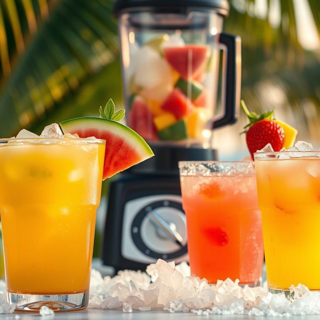 A vibrant and refreshing scene of frozen margaritas, featuring a trio of tropical flavors. In the foreground, chilled glasses brimming with mango, watermelon, and strawberry-infused margaritas, adorned with colorful fruit garnishes and a dusting of salt. The middle ground showcases a blender filled with crushed ice and a medley of fresh fruits, while the background hints at a lush, beachy setting with palm fronds swaying in the warm, golden-hour light. The overall mood is one of carefree summertime indulgence, captured through a shallow depth of field that draws the viewer's eye to the captivating, icy-cold cocktails.
