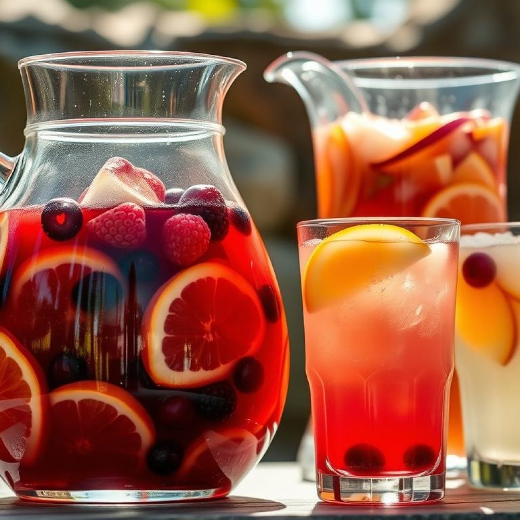 Pitcher-filled with luscious red sangria, brimming with ripe citrus and juicy berries. Alongside, a crystalline pitcher of white sangria, infused with the sweet essence of peach and a hint of floral notes. Sunlight filters through the glass, casting a warm, inviting glow. Garnished with slices of fresh fruit, these vibrant concoctions await to be poured into chilled glasses, promising a refreshing and effortlessly sophisticated indulgence. The scene is set against a backdrop of natural textures, evoking the casual elegance of an alfresco gathering.