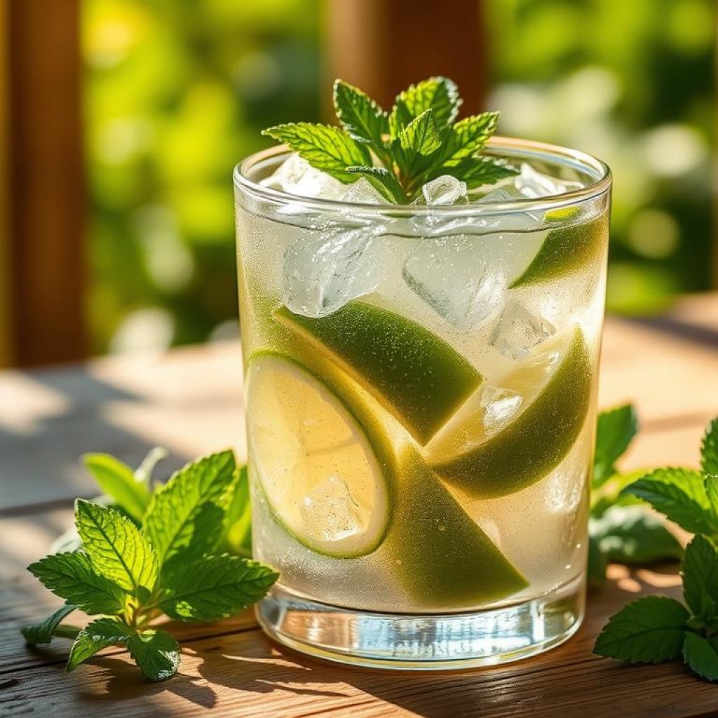 Pristine mojito recipe on a rustic wooden table, sunlight filtering through lush mint leaves. Glass tumbler filled with crushed ice, muddled lime wedges, and aromatic mint sprigs. Sparkling clear rum and lime-tinged soda water swirling together, creating a refreshing, effervescent cocktail. Soft, natural lighting casts a warm, inviting glow, capturing the essence of a perfect summer's day. Clean, minimalist styling allows the vibrant colors and textures of the ingredients to shine. Evocative of a serene outdoor oasis, this image perfectly encapsulates the "Mojito Magic" of this iconic mint-forward drink.