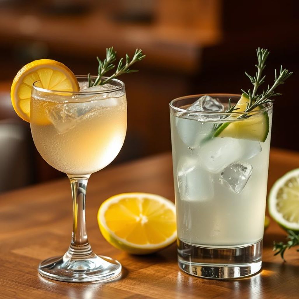 Two chilled glasses sit on a wooden table, one filled with the pale gold effervescence of a French 75 cocktail, the other with the translucent clarity of a Tom Collins. Slices of lemon and lime provide vibrant pops of color, while sprigs of fresh botanicals like juniper and thyme lend aromatic complexity. The scene is bathed in warm, diffused lighting, creating a soft, inviting atmosphere. The overall composition emphasizes the refreshing, sophisticated nature of these classic gin-based libations.
