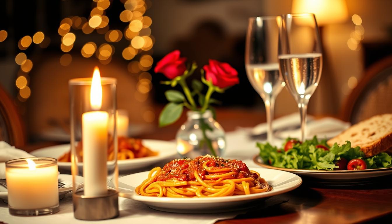 A beautifully arranged romantic dinner table set for two, featuring elegant, budget-friendly dishes such as spaghetti with a rich tomato sauce, a fresh garden salad, and homemade garlic bread. In the foreground, a candle flickers softly, casting a warm glow over the scene. The middle ground includes a small vase with a single red rose and two wine glasses filled with sparkling water, creating an intimate atmosphere. The background features softly blurred fairy lights, enhancing the romantic setting. The lighting is warm and inviting, reminiscent of a cozy evening at home. The perspective is from a slightly elevated angle, capturing the lush table setting while maintaining a soft focus on the lovely details, evoking a sense of love and affordability in meal preparation. Top Valentine's Day Meals for Loved Ones