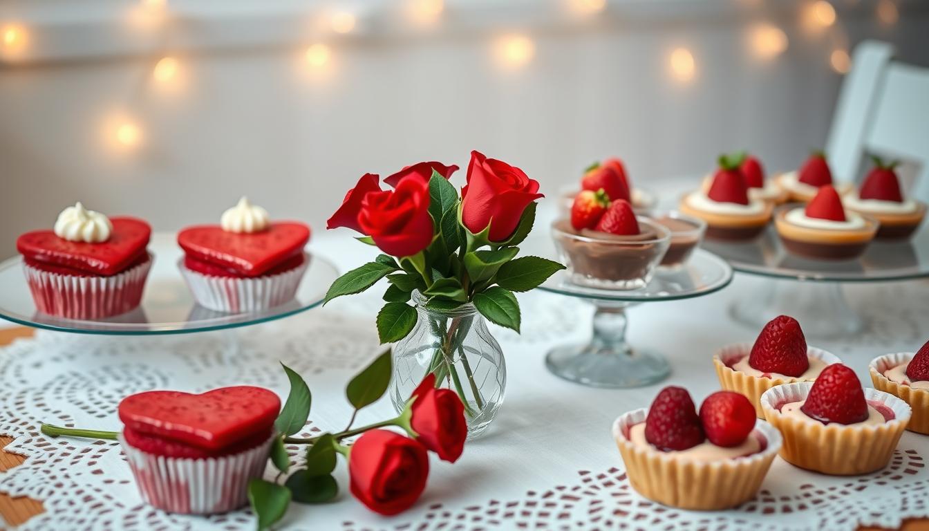 A beautifully arranged table featuring an array of budget-friendly Valentine's Day desserts, including heart-shaped red velvet cupcakes with cream cheese frosting, strawberry-topped chocolate mousse cups, and delicate raspberry tartlets. In the foreground, a small, elegant vase holds fresh red roses and green leaves. The middle ground showcases a white lace tablecloth that adds softness and romance to the scene. In the background, there is gentle, warm lighting from soft fairy lights strung above, creating a cozy atmosphere. The composition is captured with a shallow depth of field, focusing on the delectable treats while softly blurring the background to enhance the intimacy of the setting, evoking a feeling of love and celebration. Top Valentine's Day Meals for Loved Ones