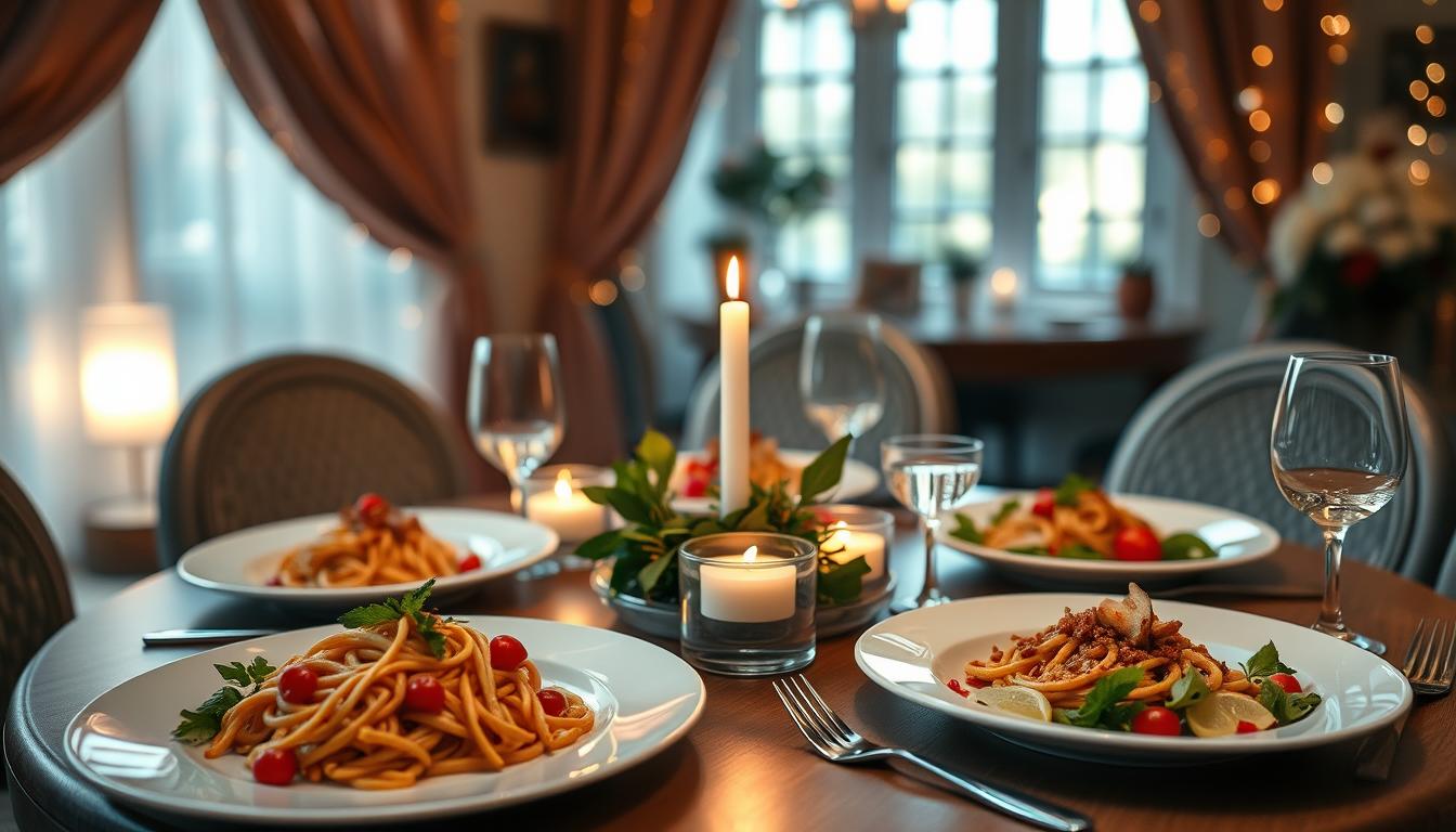 A beautifully arranged table set for a romantic, budget-friendly Valentine's Day dinner. In the foreground, display elegant plates featuring gourmet dishes like heart-shaped pasta and vibrant salads, garnished with fresh herbs. In the middle ground, incorporate a cozy candle centerpiece with soft glowing light, casting a warm ambiance. Surround the table with hints of sparkling water and wine glasses to suggest a festive mood. The background should be softly blurred, showcasing a tastefully decorated dining area with dim lighting and romantic decor, such as soft fabric drapes and fairy lights. Capture the scene with a warm, soft-focus lens effect to evoke an inviting, intimate atmosphere perfect for a special occasion. Top Valentine's Day Meals for Loved Ones