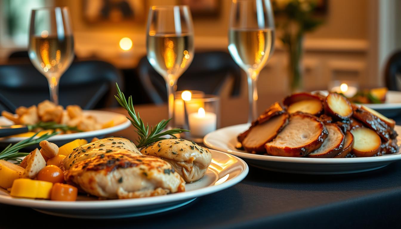 A beautifully arranged table set for a romantic date night, featuring delectable chicken and pork dishes as the main course. In the foreground, a plate of herb-roasted chicken with garlic and lemon, garnished with fresh rosemary, beside a side of roasted vegetables. Next to it, a serving of glazed pork tenderloin adorned with apple slices and caramelized onions. The middle ground showcases elegant glassware filled with sparkling water and a flickering candle for ambiance. Soft, warm lighting creates a cozy atmosphere, with a softly blurred backdrop of a dimly lit dining room, enhancing the intimate vibe. Capture the scene from a slightly elevated angle, focusing on the appealing presentation of the meals and the inviting setting, evoking a heartfelt and cozy atmosphere. Top Valentine's Day Meals for Loved Ones