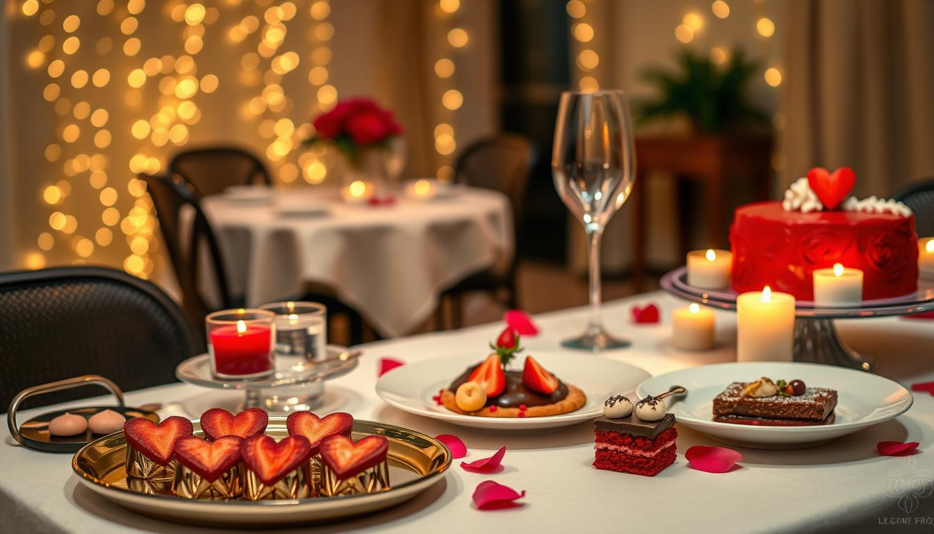 A beautifully arranged table setting for Valentine's Day, featuring a special menu that includes an elegant appetizer, a charming main course, and a delightful dessert, all artfully presented. In the foreground, there's a small tray with heart-shaped appetizers, elegant plates with a gourmet entrée, and a dessert platter displaying chocolate-covered strawberries and a red velvet cake. In the middle, a romantic table setting with a tablecloth adorned with rose petals, flickering candlelight, and sparkling wine glasses. The background showcases a softly lit dining area, with gentle bokeh effects from fairy lights, enhancing the intimate atmosphere. The overall mood is warm and inviting, creating a sense of love and joy. The lighting is soft and diffused, reflecting a cozy evening ambiance. Top Valentine's Day Meals for Loved Ones